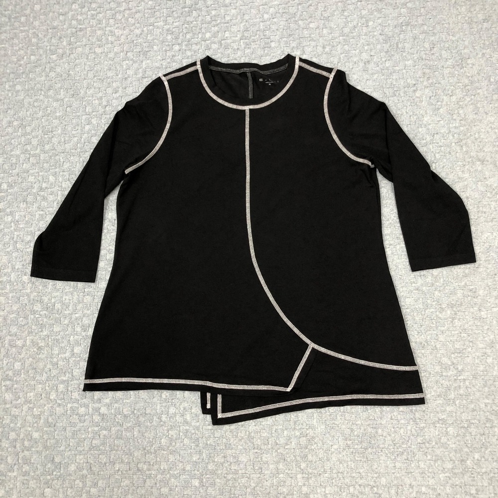 E.L.I Shirt Womens XL Black Contrast Stitch Asym Hem Tunic Pima Cotton Stretch